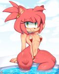  2022 absurd_res amy_rose anthro areola bikini breasts camel_toe clothed clothing ear_piercing ear_ring eulipotyphlan female green_eyes hair hedgehog hi_res ichig8miruku_(artist) mammal micro_bikini nipples piercing pink_body pink_hair ring_piercing sega smile solo sonic_the_hedgehog_(series) swimming_pool swimwear tan_body thick_thighs water wet 