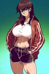  1girl abs brown_hair frown glasses hands_in_pockets jacket long_hair midriff open_clothes open_jacket original round_eyewear shorts solo spoiledmuffin standing track_jacket 