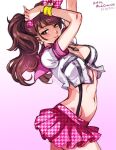  1girl artist_name blush breasts brown_eyes brown_hair cleavage closed_mouth commentary dated english_commentary hair_ribbon kujikawa_rise long_hair looking_at_viewer medium_breasts midriff mina_cream miniskirt navel official_alternate_costume persona persona_4 persona_4:_dancing_all_night pink_ribbon pink_skirt ribbon shirt short_sleeves skirt smile solo stomach suspenders twintails white_shirt 