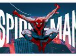  1boy arms_up azisaiharumaki56 blue_bodysuit bodysuit building cityscape commentary copyright_name full_body highres male_focus marvel red_bodysuit silk solo spider-man spider-man_(series) spider_web 