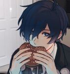 1boy ahoge black_suit blue_eyes blue_hair bright_pupils burger commentary eating english_commentary eyelashes food hair_between_eyes highres holding holding_food jerma985 male_focus persona persona_3 persona_3_reload photo-referenced real_life sevenreii shirt short_hair solo suit upper_body white_pupils white_shirt yuuki_makoto_(persona_3) 