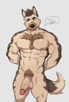 2024 abs anthro balls biceps blush bodily_fluids brown_body brown_ears brown_fur brown_pubes brown_tail canid canine dialogue english_text eyebrows foreskin fur genital_fluids genitals glans hands_behind_back hi_res humanoid_genitalia humanoid_penis kumak71395 male mammal navel nude pecs penis pink_glans precum pubes retracted_foreskin speech_bubble sweat sweatdrop tail text