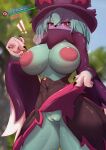 anthro bodily_fluids breasts clothing felid feline female front_view fur green_hair hair hi_res in_heat katress mammal pal_(species) palworld pawpads paws solo taigazkr