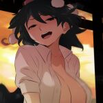  1girl black_hair collarbone collared_shirt hat naked_shirt open_mouth out-of-frame_censoring pom_pom_(clothes) puffy_short_sleeves puffy_sleeves red_eyes red_headwear shameimaru_aya shirt short_hair short_sleeves shundou_heishirou solo sunset teeth tokin_hat touhou unbuttoned upper_teeth white_shirt 