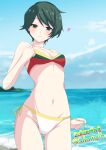  1girl absurdres adapted_costume bangs bikini breasts commentary_request cowboy_shot dated green_eyes green_hair highres horizon kantai_collection looking_at_viewer mismatched_bikini mogami_(kancolle) multicolored_bikini multicolored_clothes nitamako_(sakamalh) ocean official_alternate_costume one-hour_drawing_challenge outdoors short_hair side-tie_bikini_bottom small_breasts smile solo standing swept_bangs swimsuit twitter_username water 