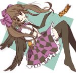  1girl black_thighhighs bow brown_eyes brown_hair cellphone checkered_clothes checkered_skirt closed_mouth dot_mouth dot_nose finger_to_own_chin frilled_skirt frills from_side full_body green_background hair_bow hat himekaidou_hatate index_finger_raised long_hair looking_at_viewer looking_to_the_side no_shoes phone puffy_short_sleeves puffy_sleeves purple_bow purple_headwear purple_skirt shimashiro_itsuki shirt short_sleeves skirt solo thighhighs tokin_hat touhou two-tone_background white_background white_shirt zettai_ryouiki 