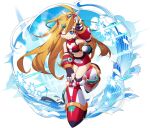  1girl animal bangs bare_shoulders blonde_hair blue_eyes blue_sky character_name ciel_(mega_man) dolphin gloves hair_ornament headpiece highres joints long_hair looking_at_viewer mega_man_(series) mega_man_x_dive mega_man_zero midriff miniskirt mizuno_keisuke navel official_art one_eye_closed orca parted_lips robot robot_joints shiny shiny_skin skirt sky sleeveless smile stomach sunlight thighs water whale 