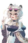  1girl :d animal_ear_fluff animal_ears arknights bare_shoulders black_jacket black_nails brown_eyes cliffheart_(arknights) cliffheart_(lone_climber)_(arknights) commentary_request criss-cross_halter dress eyewear_on_head fangs grey-framed_eyewear grey_hair grey_nails halterneck hand_up highres jacket leopard_ears leopard_girl leopard_tail long_sleeves looking_at_viewer nail_polish off_shoulder open_clothes open_jacket puffy_long_sleeves puffy_sleeves purple-tinted_eyewear simple_background smile solo tail tinted_eyewear upper_body uyuni-piyo white_background white_dress 