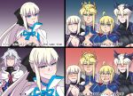  1boy 5girls ahoge artoria_pendragon_(fate) artoria_pendragon_(lancer)_(fate) artoria_pendragon_(lancer_alter)_(fate) blush bow breasts crown english_text fate/grand_order fate_(series) for_the_better_right?_(meme) green_eyes grey_hair hair_bow highres huge_breasts implied_incest large_breasts meme merlin_(fate) morgan_le_fay_(fate) multiple_girls multiple_persona nervous_smile nervous_sweating open_mouth pale_skin saber_(fate) saber_alter siblings sisters smile sweat sweatdrop ukaya_masaru upper_body yellow_eyes yuri 