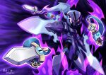  armor blade ceruledge commentary eye_trail glowing highres honedge innovator123 light_trail looking_to_the_side no_humans outstretched_arm pokemon pokemon_(creature) purple_eyes standing sword weapon 