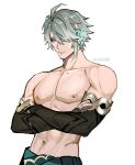  1boy ahoge alhaitham_(genshin_impact) bangs blue_eyes closed_mouth crossed_arms elbow_gloves gem genshin_impact gloves green_gemstone grey_hair hair_over_one_eye highres male_focus mistermagnolia nipples short_hair simple_background solo swept_bangs topless_male twitter_username white_background 