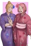  2girls blonde_hair blue_eyes gud0c haruno_sakura highres japanese_clothes kimono long_hair multiple_girls naruto_(series) obi pink_hair ponytail sash yamanaka_ino yukata 