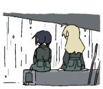  2girls ahoge black_hair blonde_hair chito_(shoujo_shuumatsu_ryokou) facing_away from_behind green_pants green_shirt hair_over_shoulder long_hair long_sleeves low_twintails lowres multiple_girls outdoors pants rain shirt shirt_tucked_in shoujo_shuumatsu_ryokou simple_background taking_shelter transparent_background tsukumizu_yuu twintails yuuri_(shoujo_shuumatsu_ryokou) 