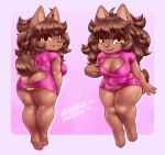 absurd_res anthro big_hair blasticussaturn breasts brown_body brown_fur brown_hair butt butt_cleavage cioccolata_(blasticussaturn) cleavage clothed clothing dress fangs female fur glistening glistening_clothing hair hi_res looking_at_viewer looking_back nipple_outline pawpads signature simple_background smile solo teeth thick_thighs tight_clothing tongue tongue_out