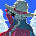 black_cape buttons cape close-up cloud collared_cape commentary_request hand_on_headwear hat highres looking_at_viewer monkey_d._luffy one_piece open_clothes open_shirt red_shirt scar scar_on_chest scar_on_face shirt short_hair sky smile straw_hat tacchan56110 