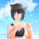 1girl absurdres animal_ears beach black_hair black_sports_bra blue_eyes blue_sky blush cat_ears cloud commentary_request day embarrassed flat_chest highres holding holding_swim_ring kemonomimi_mode kino_(kino_no_tabi) kino_no_tabi looking_at_viewer ocean open_mouth outdoors short_hair sky solo sports_bra sweatdrop swim_ring teeth upper_body upper_teeth_only ydpfa 