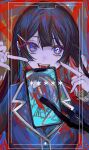  1girl 8dai abstract_background alternate_hair_color asterisk_(symbol) black_hair blazer blue_eyes blue_hair blue_jacket cellphone colored_inner_hair fingers_to_cheeks grabber_tool hands_up head_tilt highres hito_mania_(utau) jacket long_hair long_sleeves looking_at_viewer middle_finger multicolored_background multicolored_hair nijisanji phone question_mark_in_eye red_background red_hair school_uniform smartphone smile solo tsukino_mito tsukino_mito_(1st_costume) upper_body virtual_youtuber white_nails 