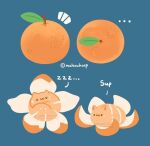  ... :3 animal_focus artist_name blue_background cat closed_eyes closed_mouth commentary english_commentary english_text food food-themed_creature from_above from_side fruit mahoukarp no_humans notice_lines orange_(fruit) orange_cat original simple_background sleeping u_u watermark zzz 