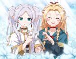  2girls ^_^ armcho blonde_hair blurry blush_stickers braid capelet closed_eyes cloud crossover depth_of_field dungeon_meshi earrings elf flower frieren green_eyes heart_hands_failure jewelry marcille_donato multiple_girls open_mouth pointy_ears sky smile sousou_no_frieren thumbs_up twin_braids twintails upper_body white_hair 