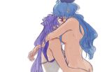  2girls arms_around_neck blue_hair breasts commentary completely_nude cone_hair_bun english_commentary ganyu_(genshin_impact) genshin_impact hair_bun highres horns hug jea_(dark_jea) keqing_(genshin_impact) long_hair medium_breasts multiple_girls nude purple_eyes purple_hair simple_background white_background yuri 