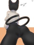 anthro big_butt black_body black_fur breasts butt butt_focus cat_tail clothed clothing domestic_cat felid feline felis female first_person_view fur hi_res mammal rear_view rizal_ok solo tail thick_thighs white_clothing
