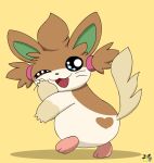 2024 alternate_color ambiguous_gender blue_eyes brown_body brown_fur feral fur generation_9_pokemon hamtaro_(series) heart_(marking) looking_at_viewer looking_back looking_back_at_viewer nintendo nise_pawmo one_eye_closed pawmo pichu90 pokemon pokemon_(species) signature simple_background solo sparkle_(hamtaro) white_body white_fur wink yellow_background