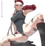  1girl armpits ass bare_shoulders beret blonde_hair blue_eyes boots braid cameltoe cammy_white covered_navel covered_nipples fingerless_gloves forehead gloves hat high_heels highres kneeling leotard long_hair red_gloves solo spread_legs street_fighter street_fighter_6 very_long_hair zefrableu 