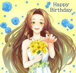  1girl aerith_gainsborough aerith_gainsborough_(white_floral_dress) bare_arms bare_shoulders blue_flower blue_rose bouquet breasts brown_hair dress dress_flower final_fantasy final_fantasy_vii final_fantasy_vii_rebirth flower gold_trim green_eyes half-closed_eyes happy_birthday holding holding_bouquet jewelry lily_(flower) long_hair looking_at_viewer medium_breasts necklace official_alternate_costume open_mouth outstretched_hand parted_bangs rose sidelocks smile solo strapless strapless_dress upper_body wavy_hair white_dress yahokichi_ma yellow_background yellow_flower yellow_rose 