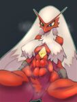  abs blaziken blue_eyes breasts erect_nipples eyelashes female fur generation_3_pokemon glistening glistening_body hi_res nintendo nipples pepper_gomashio pokemon pokemon_(species) red_body simple_background solo spread_legs spreading steam thick_thighs video_games white_body white_fur yellow_body 