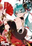  1girl blue_eyes blue_hair chinese_new_year closed_mouth dress hair_between_eyes hatsune_miku highres hongbao jiu_ye_sang lantern long_hair looking_at_viewer paper_lantern pointy_ears red_dress red_nails solo standing tongue tongue_out twintails vocaloid 