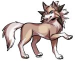 canid canine canis charming confidence confident feral fur generation_7_pokemon hi_res looking_at_viewer lycanroc male mammal mane midday_lycanroc nintendo open_mouth paws pokemon pokemon_(species) raised_paw rock smile solo standing tail tan_body tan_fur thera white_body white_fur wolf
