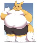  2022 anthro belly big_belly bottomwear canid canine clothing fox hi_res humanoid_hands kemono kusosensei male mammal moobs navel overweight overweight_male shorts smoking solo white_body 