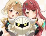  2girls :&lt; alternate_color armor bangs blonde_hair blush breasts closed_mouth commission detached_sleeves earrings headpiece highres holding jewelry kirby_(series) large_breasts long_hair mask meta_knight multiple_girls mythra_(xenoblade) orange_eyes pyra_(xenoblade) red_eyes red_hair sample_watermark sephikowa short_hair simple_background skeb_commission super_smash_bros. sweat swept_bangs xenoblade_chronicles_(series) xenoblade_chronicles_2 
