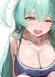  1girl ;o absurdres ahoge bandaid bandaid_on_arm blanc_(whit_blanc) blue_archive blue_one-piece_swimsuit blush breasts cleavage collarbone commentary_request competition_school_swimsuit drooling green_hair halo highres huge_ahoge large_breasts long_hair looking_at_viewer mouth_drool one-piece_swimsuit one_eye_closed school_swimsuit simple_background solo swimsuit tears very_long_hair white_background yellow_eyes yume_(blue_archive) 