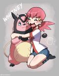  1girl artist_name blue_eyes blue_shorts character_name closed_mouth commentary crying denim denim_shorts english_commentary eyelashes grey_background highres hug medium_hair miltank multiple_tails one_eye_closed pokemon pokemon_(creature) pokemon_hgss red_hair seiza short_shorts shorts sitting tail tears touyarokii twitter_username udder wavy_mouth whitney_(pokemon) 