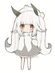  1girl :o animal animal_on_head artist_name blush_stickers chibi dress flying_sweatdrops full_body grey_dress highres long_sleeves on_head open_mouth original ovoip plant_hair rabbit rabbit_on_head rabbit_tail red_eyes simple_background standing tail triangle_mouth twintails twitter_username white_background white_sleeves wide_sleeves 