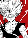  1boy absurdres aura blue_eyes child commentary_request dougi dragon_ball dragon_ball_(classic) dragon_ball_z fantasy highres liedein looking_at_viewer male_child male_focus monochrome muscular saiyan simple_background smile solo son_gohan spiked_hair super_saiyan 