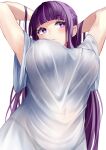  1girl arms_up blunt_bangs blush breasts commentary covered_navel fern_(sousou_no_frieren) grey_shirt highres irohara large_breasts long_hair looking_at_viewer purple_eyes purple_hair shirt simple_background solo sousou_no_frieren upper_body very_long_hair white_background 
