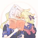  2girls animal_ears anisphia_wynn_palettia black_shirt blonde_hair blue_bow blue_bowtie blue_sailor_collar blush book bow bowtie closed_eyes commentary_request euphyllia_magenta flying_sweatdrops grey_hair hair_ribbon highres holding holding_book kemonomimi_mode kiss long_hair medium_hair multiple_girls purple_hair rabbit_ears red_bow red_bowtie ribbon sailor_collar school_uniform serafuku shirt short_sleeves tensei_oujo_to_tensai_reijou_no_mahou_kakumei upper_body white_background ydpfa yellow_ribbon yuri 