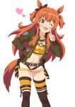  1girl absurdres animal_ears belt bomber_jacket commentary_request crop_top dog_tags feet_out_of_frame green_jacket hand_on_own_hip highres horse_ears horse_girl jacket long_hair long_sleeves looking_at_viewer mayano_top_gun_(umamusume) midriff navel one_eye_closed open_clothes open_jacket open_mouth orange_eyes orange_hair ounishi_haruki pointing pointing_at_self simple_background smile solo two_side_up umamusume upper_body white_background 