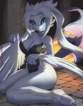 anthro biped blue_eyes blush breasts clothed clothing female fur generation_5_pokemon hi_res legendary_pokemon looking_at_viewer nintendo pokemon pokemon_(species) pupils reshiram rilex_lenov smile solo thick_thighs white_body white_fur