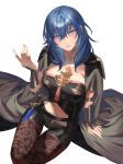  1girl absurdres arm_support armlet arms_up blue_hair breasts byleth_(fire_emblem) byleth_(fire_emblem)_(female) fire_emblem fire_emblem:_three_houses fire_emblem_heroes highres large_breasts looking_at_viewer navel pantyhose shiny shiny_hair short_shorts shorts simple_background sitting solo toho10min white_background 