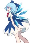  1girl absurdres blue_bow blue_dress blue_eyes blue_hair bow bowtie cirno detached_wings dress from_side hair_between_eyes hair_bow happy head_tilt highres ice ice_wings looking_at_viewer looking_to_the_side medium_hair open_mouth pinafore_dress puffy_short_sleeves puffy_sleeves red_bow red_bowtie shirt shocho_(shaojiujiu) short_sleeves simple_background sleeveless sleeveless_dress smile solo touhou white_background white_shirt wings 