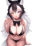  1girl akuma_(st.takuma) animal_ear_fluff animal_ears bikini black_bikini black_bow black_bowtie black_hair blue_eyes bow bowtie breasts cleavage clothes_pull detached_collar fang fingernails grey_hair grey_wolf_(kemono_friends) groin hair_between_eyes hand_rest hand_up heterochromia highres kemono_friends large_breasts long_hair looking_at_viewer multicolored_hair open_mouth pulled_by_self sitting skindentation smile solo strap_pull swimsuit tail thigh_gap two-tone_hair very_long_hair wing_collar wolf_ears wolf_girl wolf_tail yellow_eyes 