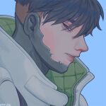  1boy animification apex_legends black_eyes black_hair blue_background crypto_(apex_legends) from_side half-closed_eye jacket korean_commentary looking_at_viewer male_focus namjak parted_lips profile solo undercut white_jacket 