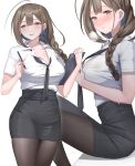  1girl black_necktie black_pantyhose black_skirt braid breasts brown_eyes brown_hair closed_mouth collared_shirt commentary_request highres holding idolmaster idolmaster_shiny_colors kuwayama_chiyuki large_breasts long_hair looking_at_viewer necktie office_lady pantyhose parted_lips shirt shirt_tucked_in short_sleeves shougun_(chuckni1) sitting skirt smile thighs white_background white_shirt 