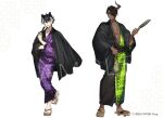  2boys alternate_costume animal_ears aragami_oga bag black_hair black_jacket black_kimono black_sash closed_mouth collarbone copyright_notice dark-skinned_male dark_skin demon_boy demon_horns earrings egasumi eyepatch folded_fan folding_fan full_body geta green_eyes green_kimono hair_between_eyes hair_over_one_eye hand_fan haori holding holding_bag holding_fan holostars horns jackal_boy jackal_ears jackal_tail jacket jacket_on_shoulders japanese_clothes jewelry kageyama_shien kimono kinchaku long_sleeves looking_at_viewer mafia_(holostars) male_focus multicolored_hair multiple_boys nonomaro official_art paper_fan parted_lips pectoral_cleavage pectorals pouch purple_kimono sample_watermark sash shippou_(pattern) short_hair single_horn smile standing tail two-tone_hair two-tone_kimono uchiwa virtual_youtuber watermark white_background white_hair yellow_eyes yukata 