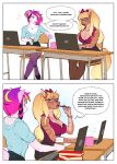 anthro beverage big_breasts blonde_hair book breasts canid canine cleavage clothed clothing coffee comic computer desk dialogue duo ear_piercing electronics english_text equid equine eyewear female footwear furniture glasses hair hi_res high_heels laptop long_hair mammal mug pen piercing pink_hair simple_background speech_bubble table text white_background zymaani