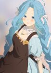  1girl ahoge apron blue_dress blue_eyes blue_hair blush braid breasts collarbone dress granblue_fantasy jewelry lips long_hair looking_at_viewer lyria_(granblue_fantasy) mifuta necklace parted_lips puffy_short_sleeves puffy_sleeves short_sleeves small_breasts solo twin_braids upper_body 