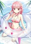  1girl ankleband bangs bikini black_ankleband black_wristband blunt_bangs blush braid breasts flower hair_flower hair_ornament heart heart_hair_ornament highres innertube jewelry kyubey looking_at_viewer magia_record:_mahou_shoujo_madoka_magica_gaiden magical_girl mahou_shoujo_madoka_magica multi-strapped_bikini navel necklace objectification open_mouth pink_bikini pink_eyes pink_flower pink_gemstone pink_hair pink_sarong rikopin side-tie_bikini_bottom sidelocks sitting small_breasts smile solo soul_gem string_bikini swimsuit tamaki_iroha tamaki_iroha_(swimsuit_ver.) wariza water wristband 